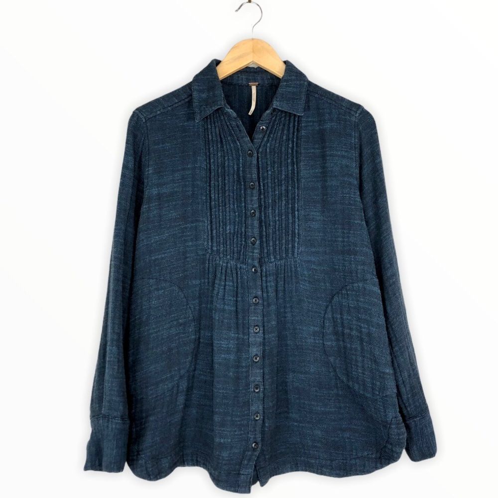 Free People Navy Plaid Flannel Button Down Long Sleeve Shirt Top size XS - Picture 2 of 13